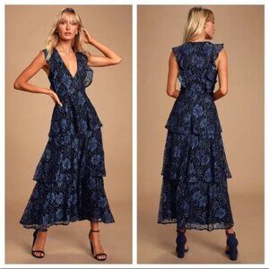 Lulu's Molinetto Navy Blue Lace Ruffled Tiered Sleeveless Maxi Dress, Size Small